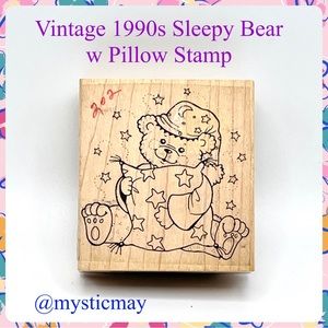 ANGEL COMPANY Vintage 1990s Sleepy BEAR w PILLOW & Stars Wood Mount Rubber Stamp